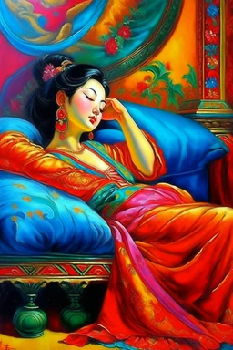 oriental woman lying on a pillow painting neoclassism bright colors