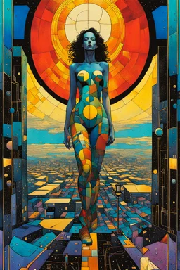 Create a chaotic abstract cubist Tarot Card depicting a full body post apocalyptic, Justice , with highly detailed facial features, in the style of Bill Sienkiewicz, Philippe Druillet, Gustav Klimt, and Jean Giraud Moebius, precisely drawn, colored and inked