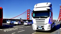 A police Tesla Cybertruck is chasing a Tesla 'Model S Plaid' at top speed, on the 'Pier 39', in San Francisco. CINEMATIC. WIDE ANGLE LENS.