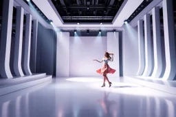 A 3D recursive structure modern stage with a pretty lady in modern clothing dancing,animating background stage