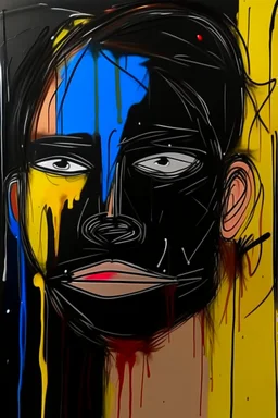 in abstract art Basquiat, Picasso, colorful acrylic colors representing, with expressive character--ar 16:9 --no text letter font. –c 40, Buffet and Picasso style, black canvas