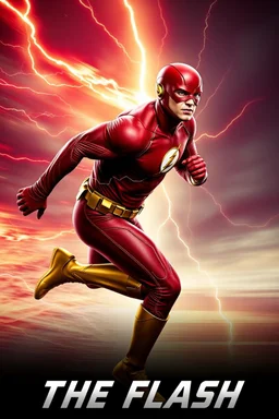 1/4 side view, looking at the viewer, Movie Poster - "THE FLASH" - A massive, thick, extremely muscular, 7'8" tall man, ((skintight, formfitting, long-sleeved, red spandex bodysuit:1.5)), ((gold knee-high boots:1.5)), ((gold wrist gauntlets, red fingerless gloves, gold, double holstered utility belt:1.5)), ((skintight, formfitting, red spandex helmet with red eye disguise,:1.5)), Running in the speedforce, multicolored lightning emanating from his body, an overly exaggerated muscular stature