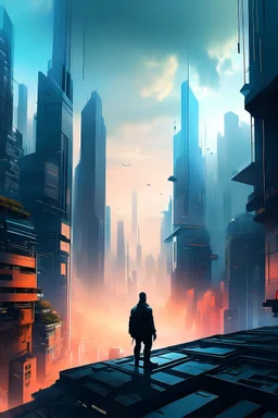 A futuristic cityscape filled with bustling streets and towering skyscrapers, with a lone figure standing atop a building, gazing at the chaotic world below, finding moments of calm and clarity amidst the chaos.