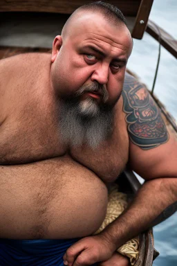 close up photography of an ugly burly chubby turkish fisherman relaxing sunbathing sitted in a small fischer wooden boat , tattoo, ugly, 34 years old, long beard, bullneck, muscular, angry eyes, photorealistic, 35mm lens, Canon EOS, 8k