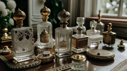 generate me an aesthetic complete image of Perfume Bottles on a Vintage Lace Table