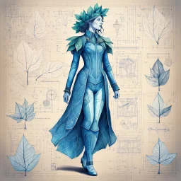 Hand drawn technical,full body illustration , with detailed blueprints and engineering schematics of a walking leaf girl, with highly detailed facial features, drawings, and technical notation, 8k, vibrant natural colors