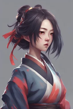guweiz girl samurai, randomize hairstyles, randomized colored outfits, randomized backgrounds, randomized poses