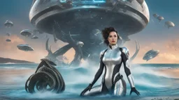 woman with dark hair in a silver robotic catsuit, standing on a futuristic alien beach with a crashed spaceship in the water, with mushrooms with octopus tentacles flying in the air