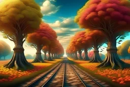 flowery road to paradise, along the road there are magical trees, birds of paradise fly in the sky, photorealistic, perfect composition, cinematic shot, intricate details, hyper detail