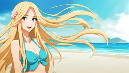 Attractive Anime Woman With Very Long Blonde Hair, Bikini, Full Body In Frame, Beach, Red Cheeks, Skinny, Looking At Camera, Smiling