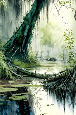 Landscape of a swamp with dense ancient trees, ivy, fallen trees lay in the water, wide angle, watercolor, very fine brush, rich in details, realistic