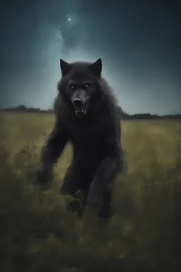 a werewolf in a field, Extreme reality, photorealistic, realistic, lifelike, Absolute reality, Botany, Starry, Retro Pop, Dark Fantasy, Horror, Festive, Realistic - 32k, UHD, professional quality, 8 x 10 digital photograph