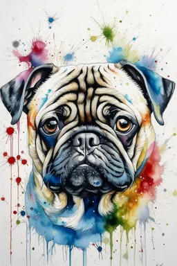 A minimalist portrait of a pug, loose watercolour, wet on wet and splattering and dripping techniques, centred, perfect composition, abstraction,