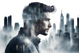 Fotografía en doble exposicion de un hombre y un perfil de ciudad metropolis, foco nítido, fondo blanco