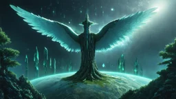 matrix universe, space, planets, god creation, angels from other dimensions with beautiful wings, trees on the planet, behind green crystals of light, few tiberium monolith deposits on the planet near tree,