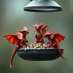 three small fantastical baby winged red dragons standing on the lip of a hanging birdfeeder eating the seed, Cinematic film still, shot on v-raptor XL, film grain, vignette, color graded, post-processed, cinematic lighting, 35mm film, live-action, best quality, atmospheric, masterpiece, epic, stunning, macro photo