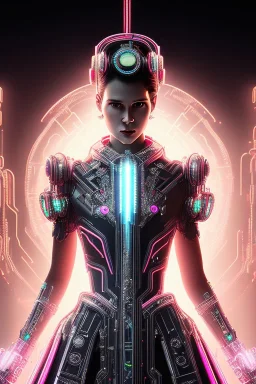 Portrait cyberpunk cybernetic AbstractTech Android bride with silver eyes and sclera in skin-tight ornate neon pink wedding dress with silver filigree, full body shot, full-color long shot