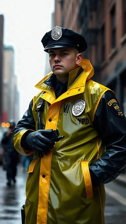 retro nypd full body color 1920 black policeman wtih heavy yellow rain transparent coat with thompson