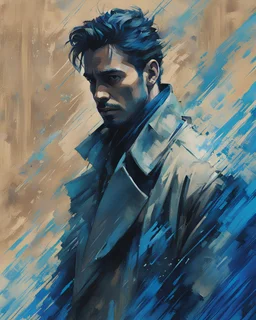 a photo and/or painting of a man in a trench coat alarmed with kusari-gama, artgram, cobalt blue, cyan, beige and grey color scheme, reduce character duplication, epic, detailed color scan, glitch pattern visual noise, tint leak