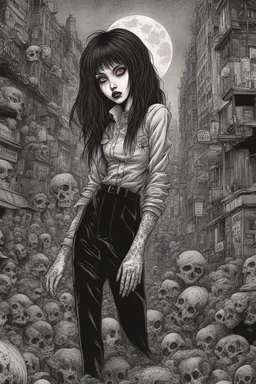 create a full body horror illustration of a dark haired, savage, gothpunk vampire girl with highly detailed , sharply defined hair and facial features, in a chaotic, turbulent, otherworldly London in the manga style of Junji Ito, precisely drawn, inked, with dramatic edges,