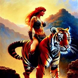 Drawing of beautiful face,'Red Sonja riding a Tiger',intense stare, ancient metal armor, balanciaga fashion clothe painting by gaston bussiere, greg rutkowski, yoji shinkawa, yoshitaka amano, tsutomu nihei, donato giancola, tim hildebrandt Oil on canvas, cinematic composition, extreme detail,fit full head inside picture,16k