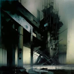 Dark Contemporary abstract painting of Lebbeus Woods brutalist architecture in a wasteland techno decaying landscape. Hazy foggy night sky. Concrete ground. Exposed twisted concrete and pipes. Style Justin Mortimer and Francis Bacon. Close up