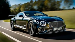 A sleek with livery (((bentley brabus rocket))), its contours and details perfectly captured in a (((cinematic view))), zipping along a winding road under a beautiful blue fresh morning sky