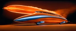 award winning car and driver photograph of a futuristic station wagon dirigible hybrid designed by only one vehicle per image painted metallic orange traveling at a high rate of speed, jet intake off of front center of vehicle and jet exhaust out the rear with bright blue flame, bilaterally symetrical, more a high speed road vehicle