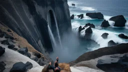 Fish-eye perspective from a climber's viewpoint inside a massive, C-shaped coastal cliff formation. Looking down into a large, natural amphitheater-like cove. The ocean dramatically waterfalls into the cove through the opening of the 'C'. The sky is only visible through this same opening. Dark, striated, curving cliff walls enclose the space. Turbulent ocean water below, deep blue and turquoise, with crashing waves. Photorealistic, 8k resolution, highly detailed, immense scale, enclosed feeling