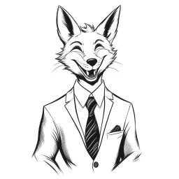 Illustrative sketch of a image of a humanoid fox, ironic smile, suit and tie, ultra quality line art, 8k