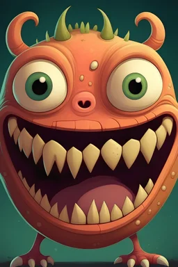 The image features a small, cartoon-like character with a big head and a toothy grin. The character appears to be a monster or a creature with a unique appearance. The character is positioned in the center of the image, and its large head occupies a significant portion of the frame. The character's facial expression, with its wide-open eyes and toothy grin, adds to its quirky and amusing appearance.