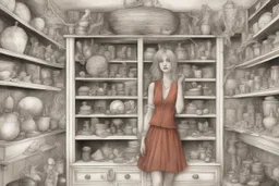 she stands within the confines of a closet, surrounded by a cabinet of curiosities. These evocative creations capture a melancholic mood, revealing the inner struggle of a soul torn between her desire for freedom and the weight of her own uniqueness.