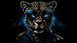 a cool gangster cheetah with dark sunglasses outside under a dark night sky. intricate details. amazing city backdrop. natural tones. hearts,