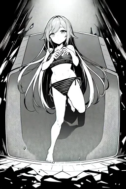 bikini long hair thin girl with leg in abyss pool, greyscale, sexy pose, screen tones