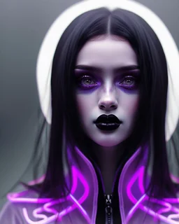 painting by koson ohara and marta bevacqua, portrait of a beautiful goth woman with long black hair, wearing a plastic raincoat, purple neon lighting, 8k, high quality, highly detailed