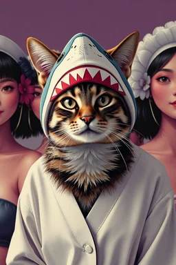 cat with shark mask hat solana surrounded by beautiful model women japanese style in the style of warhol