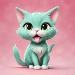 A delightful and adorable cartoon illustration featuring a cute mint-colored cat against a charming pink background, (delightful illustration:1.4), (adorable cartoon cat:1.5), (charming pink background:1.3), (expressive mint hues:1.2), inspired by the styles of cute cartoon artists, trending on ArtStation, Intricate, Sharp focus, vibrant lighting, (whimsical:1.4), (playful ambiance:1.3), (lush fur details:1.5), Cartoon, Masterful, Captivating, High Detail, Cinematic view