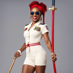 Aisha Tyler in a cream bodysuit split to the naval, lolly sunglasses and a red hairband. She is smiling and holding a truncheon. Meticulous, obsessively detailed, mythic, liminal space, limbic system, carnal, desperate, glorious