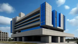 Palacio gubernamental, inspirado en Alison Smithson, construido principalmente en Tierra apisonada estabilizada con acabado Azul ultramar, composición basada en volúmenes desplazados , incorporando como contraste un depósito de agua elevado sobre la cubierta, representado como render brutalista monocromático.