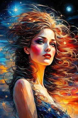 the night sky, she awaits with anticipation, Karol Bak UHD,, Pino Daeni and Dan Mumford, exquisite rendering, style of Leonid Afremov, Mario Sanchez Nevado. Modifiers: intricate very attractive beautiful award winning ultra detailed colourful high energy