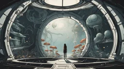 woman standing inside the interior of a ruined alien spaceship, with a circular window, overrun with mushrooms with jellyfish tentacles