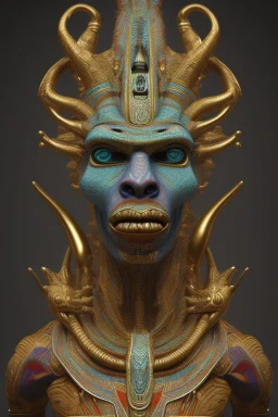 Aztec male African Egyptian alien, cracks in the voodoo head, wicked, eyes, crown, Elephant, 8k, finely detailed, photo realistic, tiger turquoise skull head gold dragon space alien snow skeleton gold hornytoad silver crown silver eyes