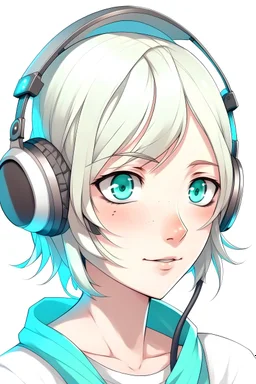 A blonde girl with a bit shorter hair than shoulder length but longer than bob who is a gamer and has a blindfold on with a pair of white headsets on her head. She also has soft baby blue eyes with a hint of emerald green