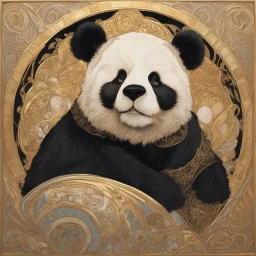 portrait of a panda, style of Alphonse Mucha and Gustav Klimt, gold foil, art deco influence, chinese art influence