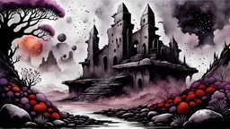 Ink wash painting , grunge, rust, detailed, gray, black, almond, light red colors, stone ruins on old planet, fantasy style, close up black purple and silver weird alien flowers , splash art, stonecrop wall, dreamy, surreal sci-fi mood, foggy lights, detailed, high textures, high contrast, masterpiece