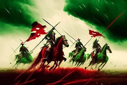 Hun Arrow Crossers on horseback, scorched earth, thunderstorm, red, white, green, sürrealism