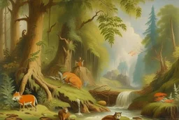 A luscious forest with a waterfall and animals painted by Henri-Robert Bresil