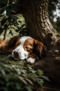 Un perro durmiendo abajo de un arbol boca arriba. Plano desde arriba