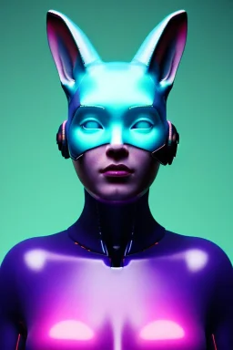 Medium Close Up Portrait, Front image. cyberpunk, rabbit mask, sweet woman, short hair. latex suit. Pink, silver, blue, color. Ghost in the shell style. Color background, photo studio. highly detailed, concept art, smooth, unreal engine 5, ray tracing, RTX, lumen lighting, ultra detail, volumetric lighting, 3d, finely drawn, high definition, high resolution.