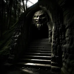 High resolution image of a weathered carved stone tunnel entrance shaped like a Demonic mouth, on the side of a forested hill. Inside are dark stairs descending downward. Stairs down. Down down